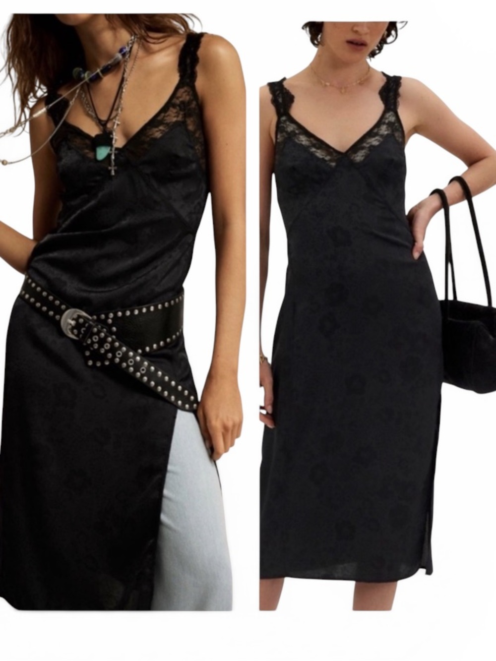 FREE PEOPLE TELL ME WHY MIDI SLIP DRESS BLACK SATIN LARGE